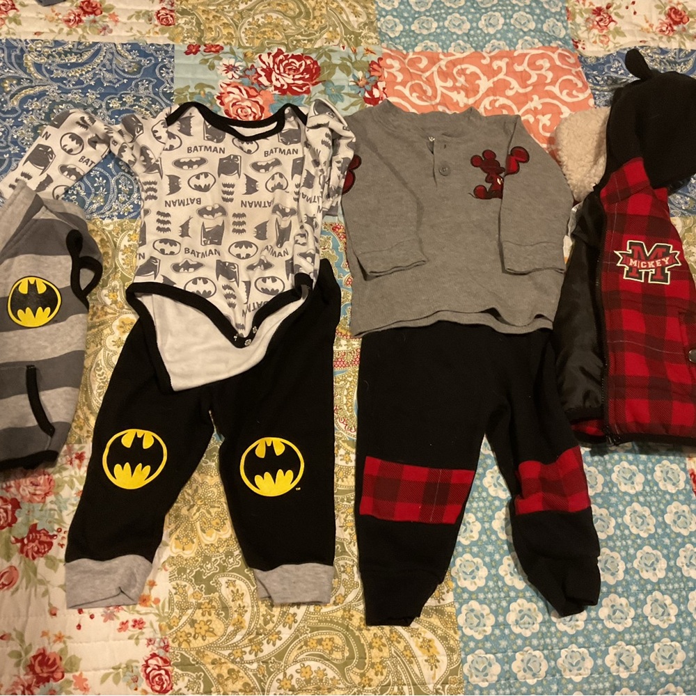 Lot of 3 Disney infant boys Mickey Batman 12 month old outfits gently worn.